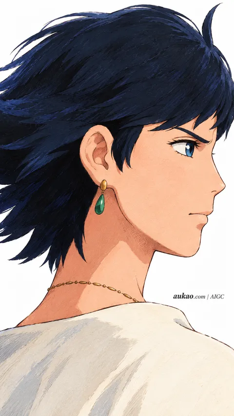 Howl / 哈尔 / ハウル. Dark-haired profile with white shirt. AI-generated fan art inspired by Howl's Moving Castle / 哈尔的移动城堡 / ハウルの動く城, created by AUKAO.