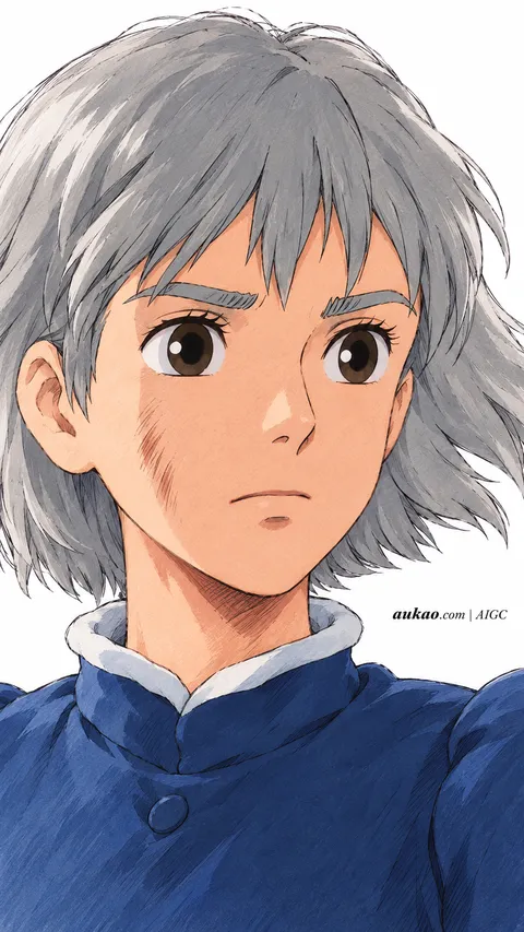 Sophie Hatter / 苏菲·哈特 / ソフィー・ハッター. Silver-haired Sophie portrait. AI-generated fan art inspired by Howl's Moving Castle / 哈尔的移动城堡 / ハウルの動く城, created by AUKAO.