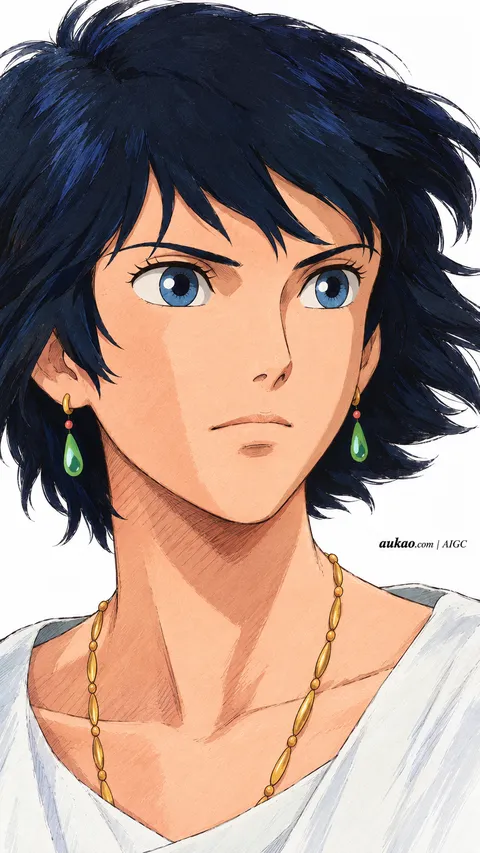 Howl / 哈尔 / ハウル. Blue-eyed portrait with green earrings. AI-generated fan art inspired by Howl's Moving Castle / 哈尔的移动城堡 / ハウルの動く城, created by AUKAO.