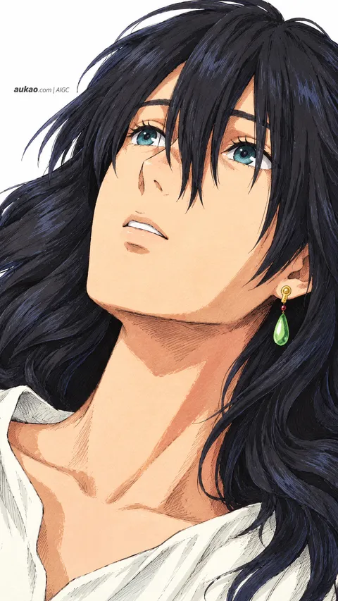 Howl / 哈尔 / ハウル. Dark-haired portrait looking upward. AI-generated fan art inspired by Howl's Moving Castle / 哈尔的移动城堡 / ハウルの動く城, created by AUKAO.