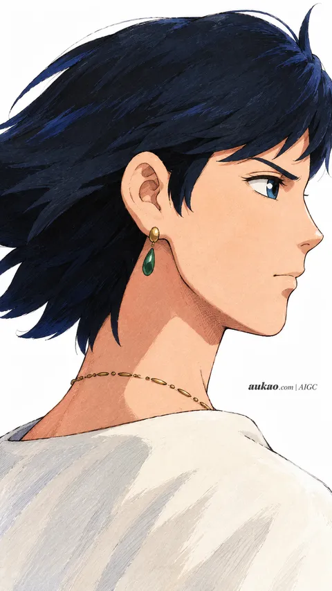 Howl / 哈尔 / ハウル. Side profile with green earring. AI-generated fan art inspired by Howl's Moving Castle / 哈尔的移动城堡 / ハウルの動く城, created by AUKAO.
