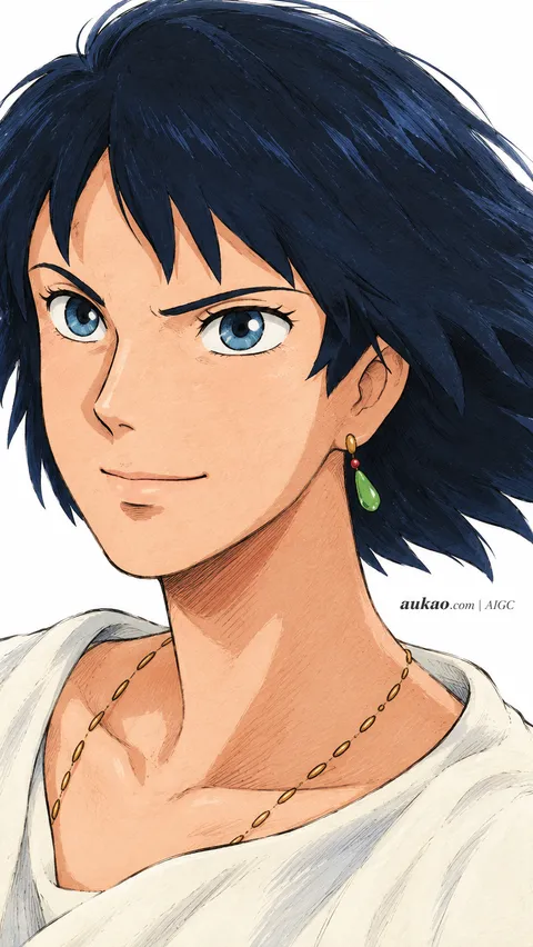 Howl / 哈尔 / ハウル. Dark-haired portrait with a slight smile. AI-generated fan art inspired by Howl's Moving Castle / 哈尔的移动城堡 / ハウルの動く城, created by AUKAO.