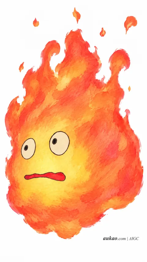 Calcifer / 卡西法 / カルシファー. Fire spirit illustration. AI-generated fan art inspired by Howl's Moving Castle / 哈尔的移动城堡 / ハウルの動く城, created by AUKAO.