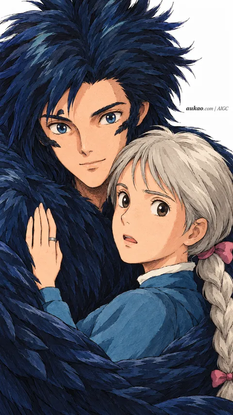 Howl and Sophie / 哈尔与苏菲 / ハウルとソフィー. Howl and Sophie in an embrace. AI-generated fan art inspired by Howl's Moving Castle / 哈尔的移动城堡 / ハウルの動く城, created by AUKAO.