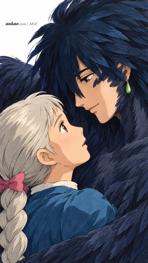 Howl and Sophie / 哈尔与苏菲 / ハウルとソフィー. Howl and Sophie facing each other. AI-generated fan art inspired by Howl's Moving Castle / 哈尔的移动城堡 / ハウルの動く城, created by AUKAO.