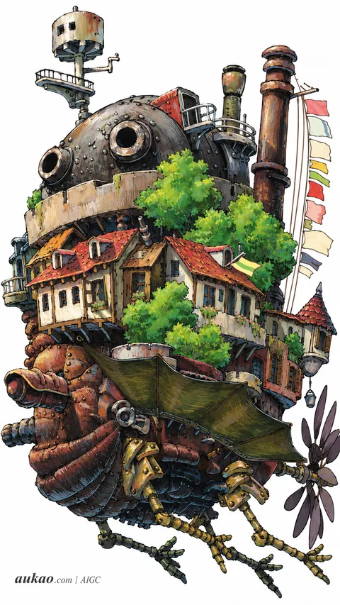 The wandering mechanical castle. The wandering mechanical castle. AI-generated fan art inspired by Howl's Moving Castle / 哈尔的移动城堡 / ハウルの動く城, created by AUKAO.