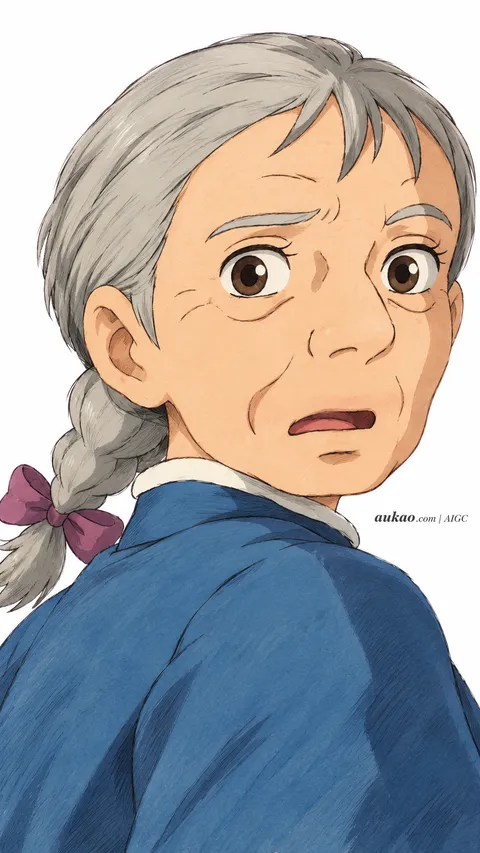 Sophie Hatter / 苏菲·哈特 / ソフィー・ハッター. Elderly Sophie looking over her shoulder. AI-generated fan art inspired by Howl's Moving Castle / 哈尔的移动城堡 / ハウルの動く城, created by AUKAO.