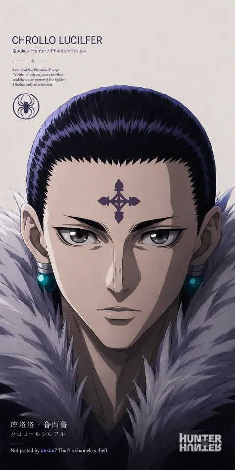 An AI-assisted portrait-format anime character illustration in the Hunter × Hunter collection. Artwork 022 from the AUKAO visual archive.