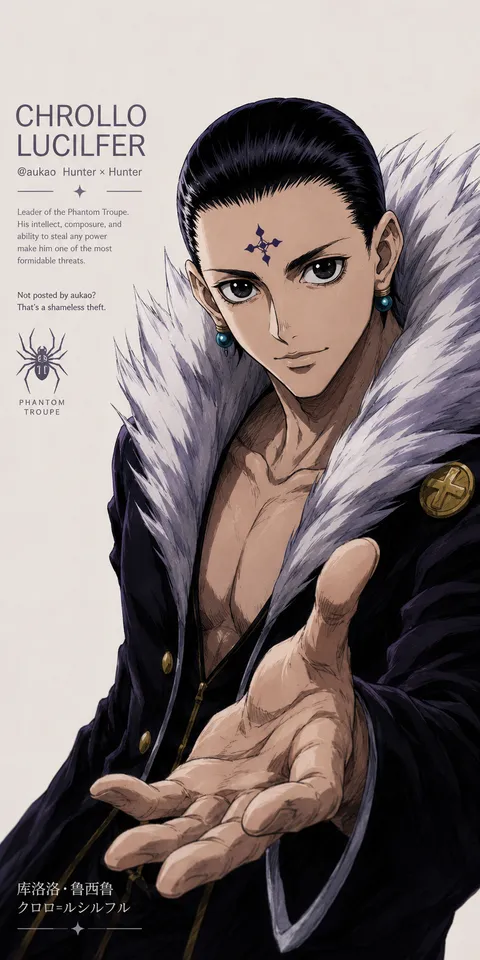 An AI-assisted portrait-format anime character illustration in the Hunter × Hunter collection. Artwork 008 from the AUKAO visual archive.