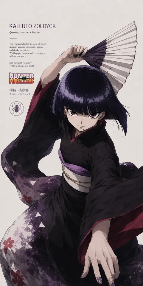 An AI-assisted portrait-format anime character illustration in the Hunter × Hunter collection. Artwork 018 from the AUKAO visual archive.