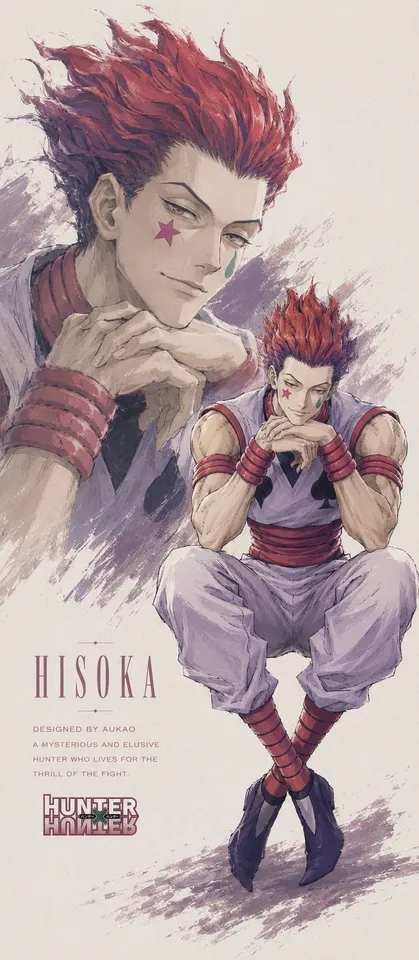 An AI-assisted portrait-format anime character illustration in the Hunter × Hunter collection. Artwork 001 from the AUKAO visual archive.
