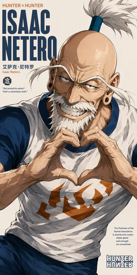 An AI-assisted portrait-format anime character illustration in the Hunter × Hunter collection. Artwork 004 from the AUKAO visual archive.