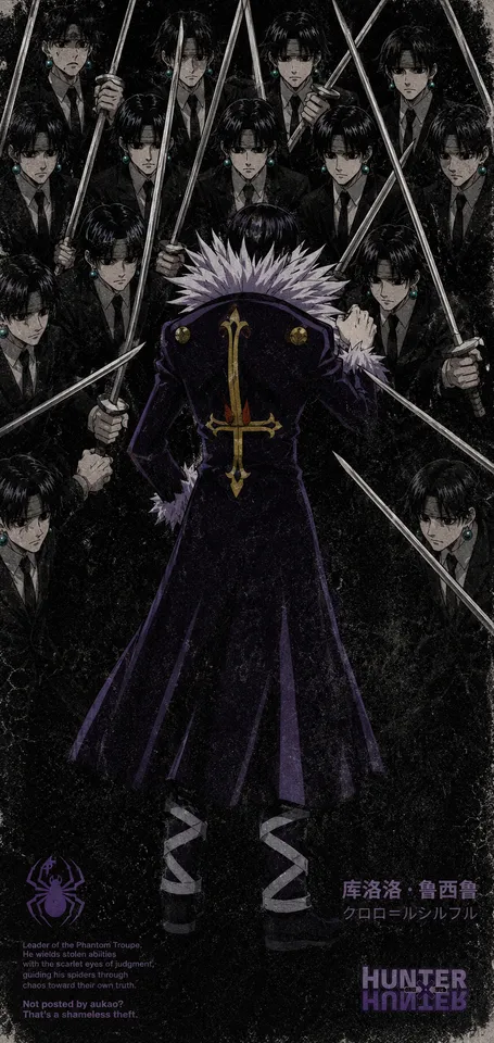 An AI-assisted portrait-format anime character illustration in the Hunter × Hunter collection. Artwork 026 from the AUKAO visual archive.
