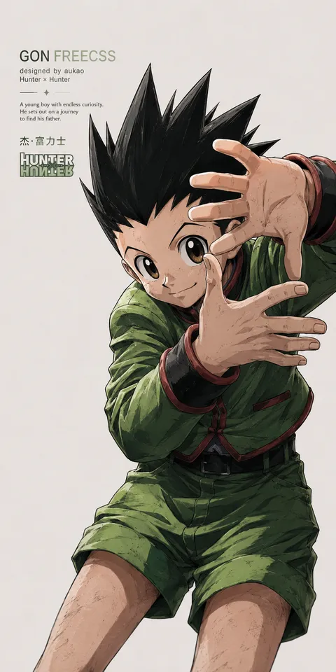 An AI-assisted portrait-format anime character illustration in the Hunter × Hunter collection. Artwork 003 from the AUKAO visual archive.
