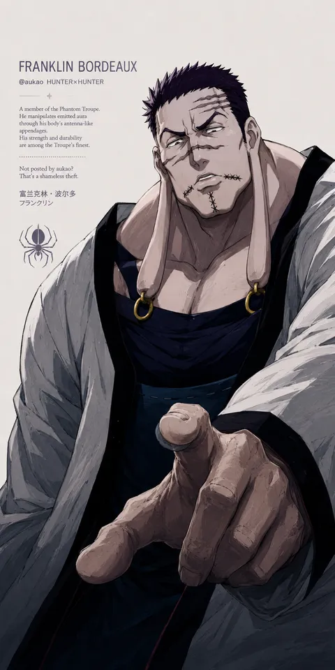 An AI-assisted portrait-format anime character illustration in the Hunter × Hunter collection. Artwork 019 from the AUKAO visual archive.