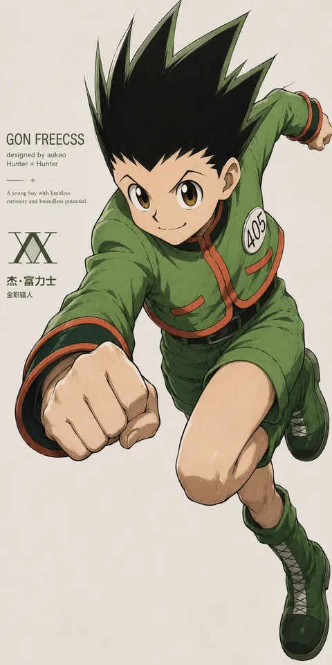 An AI-assisted portrait-format anime character illustration in the Hunter × Hunter collection. Artwork 028 from the AUKAO visual archive.