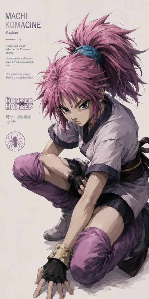 An AI-assisted portrait-format anime character illustration in the Hunter × Hunter collection. Artwork 017 from the AUKAO visual archive.