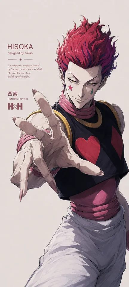 An AI-assisted portrait-format anime character illustration in the Hunter × Hunter collection. Artwork 002 from the AUKAO visual archive.
