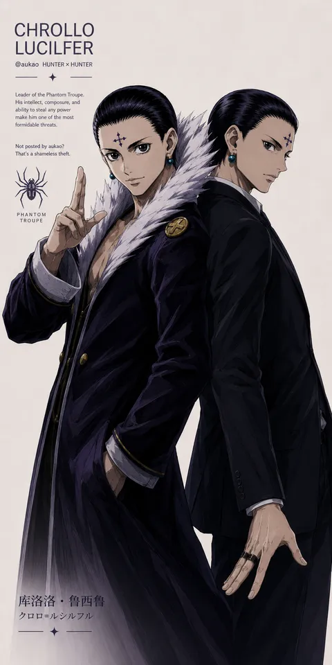 An AI-assisted portrait-format anime character illustration in the Hunter × Hunter collection. Artwork 014 from the AUKAO visual archive.