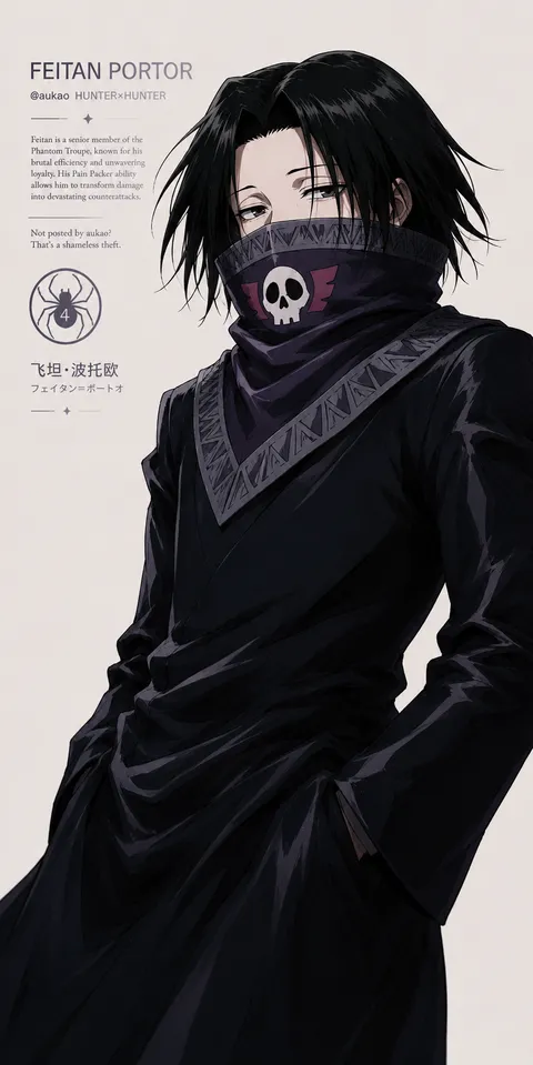 An AI-assisted portrait-format anime character illustration in the Hunter × Hunter collection. Artwork 016 from the AUKAO visual archive.