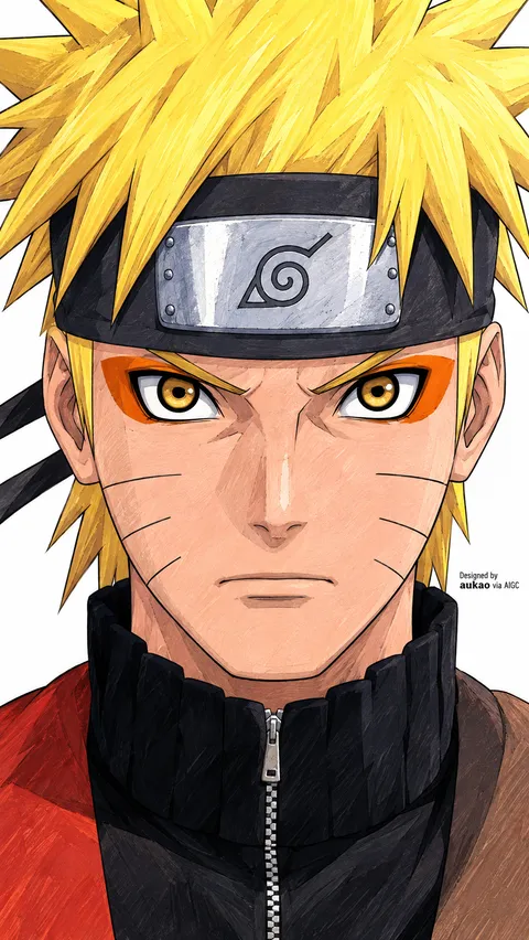 Naruto appears in a close-up portrait with golden sage eyes, orange eye markings, and a Leaf Village headband. Spiky blond hair frames his focused expression.