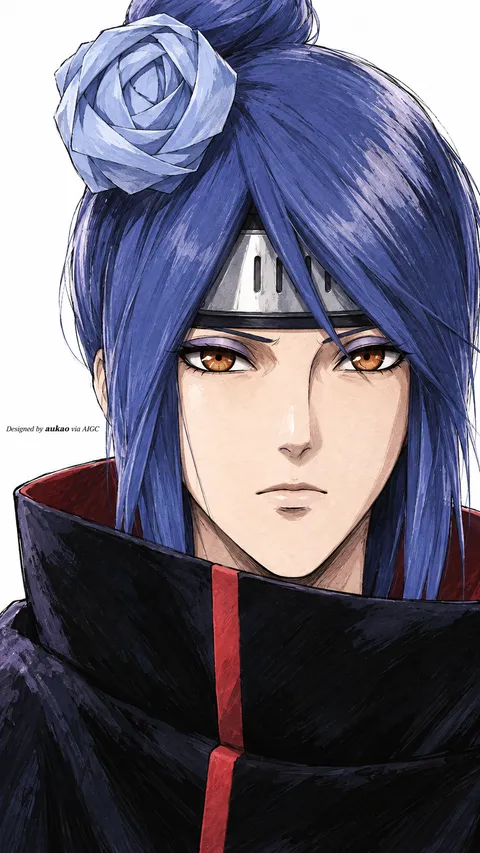 A blue-haired ninja wears a folded paper flower above her Leaf-style forehead protector and a high, red-lined black cloak. The portrait centers her calm face and amber eyes.