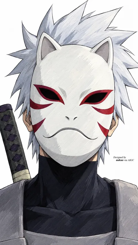 Silver-haired ninja: white animal mask. A portrait-format character illustration in the Naruto collection.