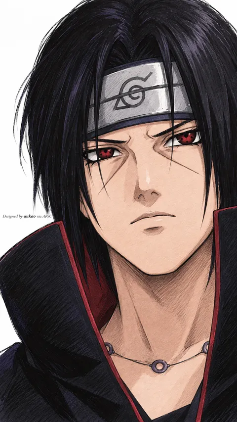 Dark-haired ninja: angled red-lined portrait. A portrait-format character illustration in the Naruto collection.