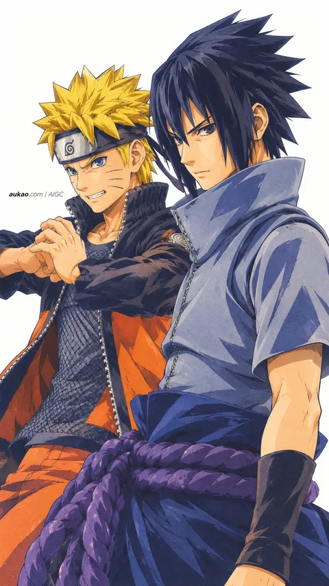 Naruto Uzumaki and Sasuke Uchiha / 漩涡鸣人与宇智波佐助 / うずまきナルトとうちはサスケ. Two-character composition. AI-generated fan art inspired by Naruto / 火影忍者 / NARUTO -ナルト-. AUKAO study 22f41885.