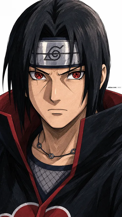Dark-haired ninja: quiet red-lined portrait. A portrait-format character illustration in the Naruto collection.