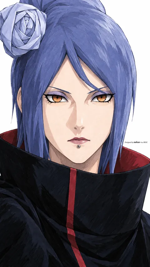 Blue-haired ninja: frontal paper-flower study. A portrait-format character illustration in the Naruto collection.