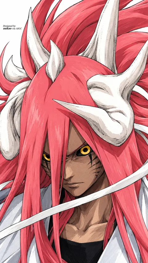 Red-haired swordswoman: horned headpiece. A portrait-format character illustration in the Naruto collection.