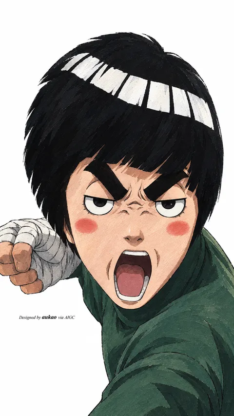 Green-clad ninja: raised fist. A portrait-format character illustration in the Naruto collection.