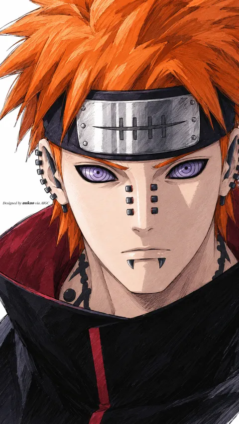An orange-haired ninja wears a scratched metal forehead protector and facial piercings. Ringed eyes and a high black collar dominate the tightly framed portrait.