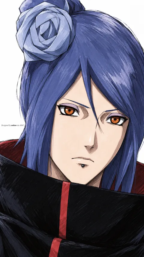 Blue-haired ninja: over-the-shoulder glance. A portrait-format character illustration in the Naruto collection.