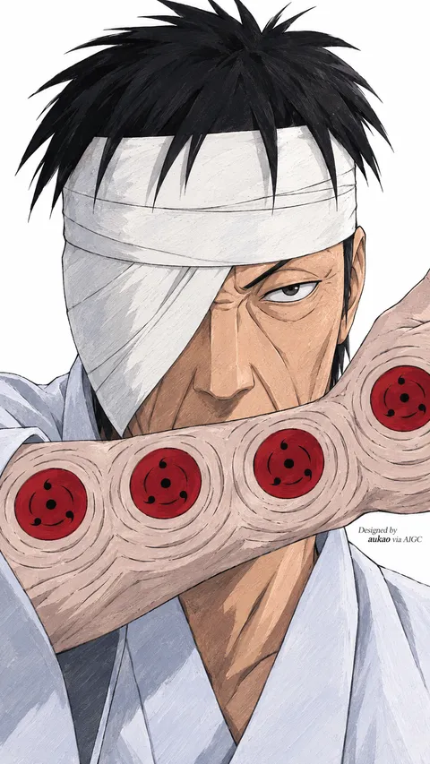 Bandaged ninja: red eyes on the arm. A portrait-format character illustration in the Naruto collection.