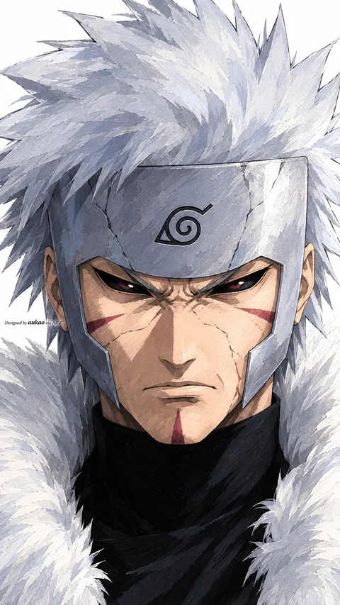 Silver-haired Leaf ninja: fur collar. A portrait-format character illustration in the Naruto collection.