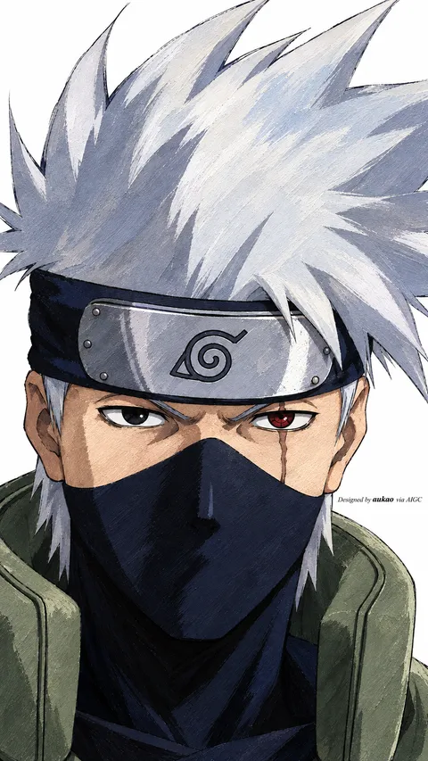 A silver-haired Leaf ninja wears a black face mask and a metal forehead protector tilted over one eye. The cropped composition focuses on his visible eye and spiky hair.