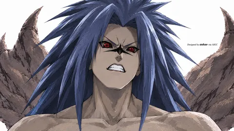 Blue-haired warrior: teeth bared. A landscape-format character illustration in the Naruto collection.