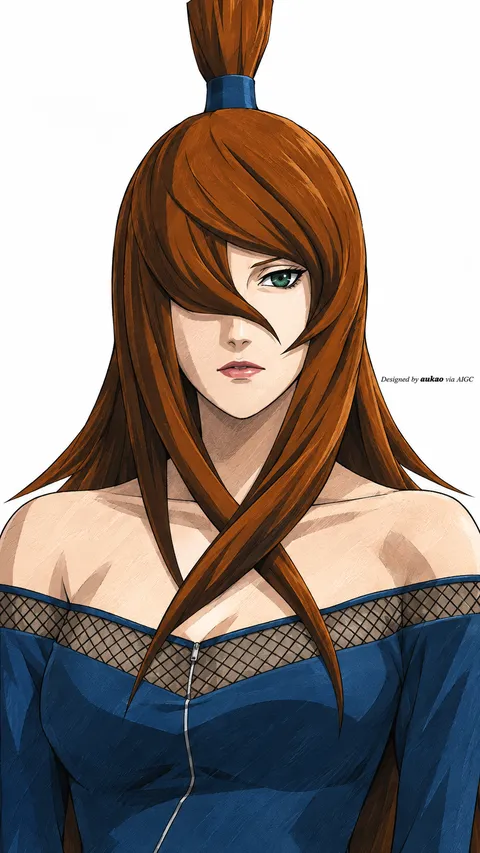 Auburn-haired ninja: blue off-shoulder outfit. A portrait-format character illustration in the Naruto collection.