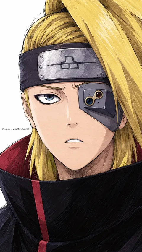 Blond ninja: mechanical eye covering. A portrait-format character illustration in the Naruto collection.