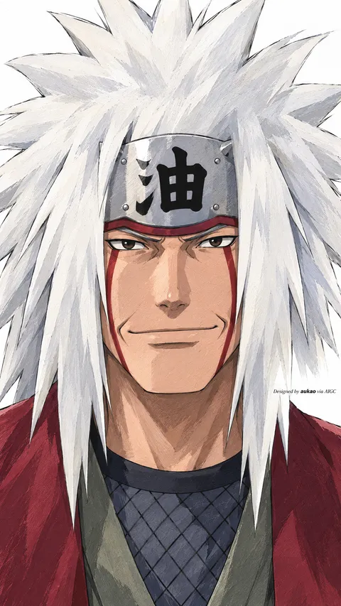 A white-haired sage wears a metal forehead protector and bold red markings beneath his eyes. Long, spiky hair fills the edges of the Naruto-inspired portrait.
