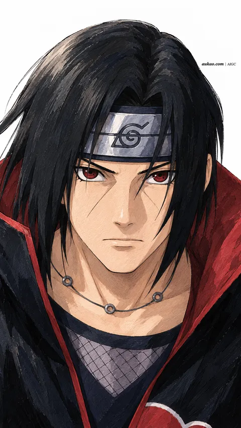 Dark-haired ninja: red-lined cloak. A portrait-format character illustration in the Naruto collection.