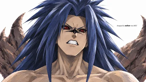 Blue-haired warrior: rocky landscape. A landscape-format character illustration in the Naruto collection.