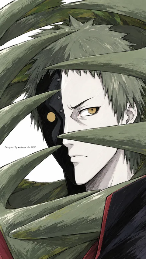 Pale figure: framed by green leaves. A portrait-format character illustration in the Naruto collection.