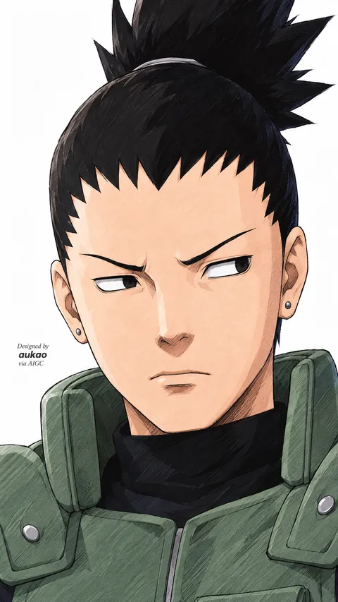 Topknot ninja: sideways look. A portrait-format character illustration in the Naruto collection.
