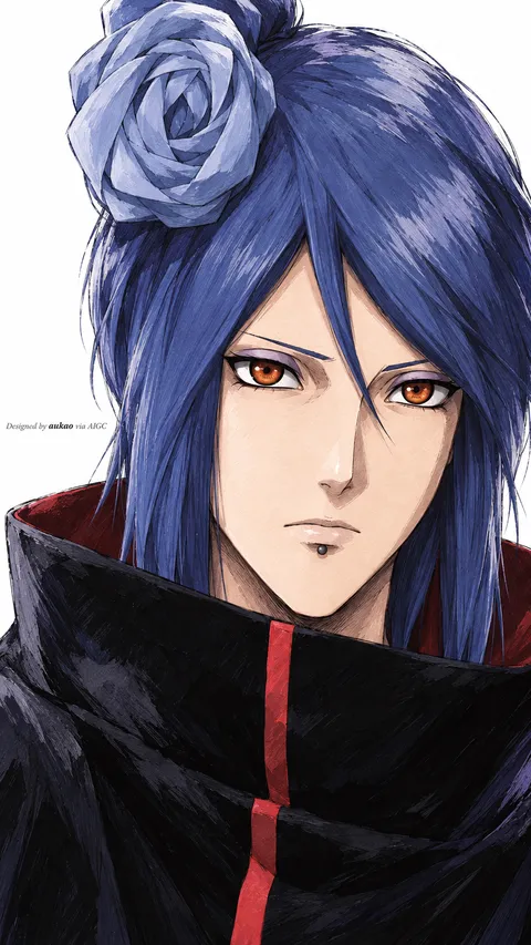 Blue-haired ninja: a narrowed gaze. A portrait-format character illustration in the Naruto collection.
