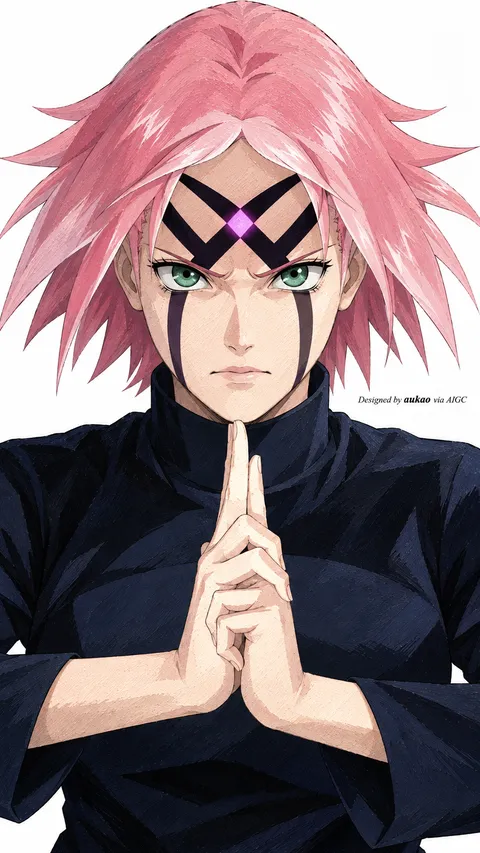 Pink-haired ninja: hand sign. A portrait-format character illustration in the Naruto collection.