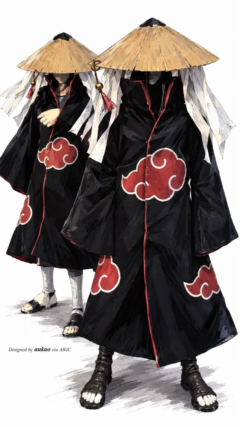 Cloaked travelers: straw hats. A portrait-format character illustration in the Naruto collection.