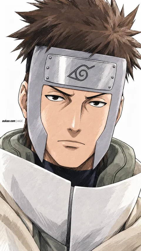Brown-haired Leaf ninja: white collar. A portrait-format character illustration in the Naruto collection.